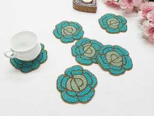 ALI FASHION ART Handmade Beaded Flower Coaster 1 Luxury Style Reusable Eco-Friendly Portable Washable <b>Bar</b> <b>Mats</b> White Gold Mosaic - Product Image 2