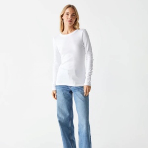 Camiseta Blanca Lisa Personalizada 100% Algodón OEM, Cuello Redondo, Manga Larga, Color Sólido Básico, Camiseta Blanca Lisa para Mujer - Product Image 1
