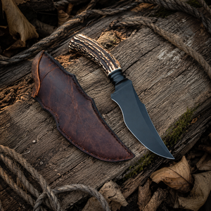 Cuchillo de caza/camping hecho a mano de acero al carbono con punta recta, mango de cuerno, funda de cuero, OEM/ODM/OBM disponible, 8 pulgadas, 3 mm, DIY - Product Image 5