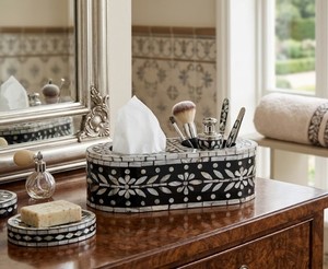 Luxury Mother of Pearl Inlay Oval Tissue Box <b>Cover</b> with Utensil Organizer Decorative Tissue Holder for <b>Dining</b> <b>Table</b>, Kitchen - Product Image 4