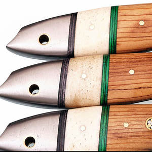 Premium Handmade Damascus Steel 3-Piece Chef <b>Knife</b> <b>Set</b> with Wood Handles Serrated Edge <b>Sharp</b> Right Hand Leather Roll Kit - Product Image 4