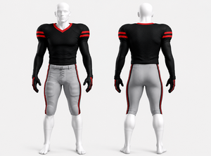 Ensemble de maillot et pantalon ajustés pour homme, uniforme de football américain noir personnalisé avec rayures rouges, col en V, manches courtes, tissu respirant - Product Image 1