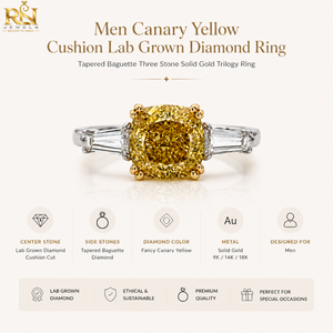 Bague pour homme en or massif jaune canari avec diamant de laboratoire taillé en baguette conique et trois pierres, bijoux de luxe raffinés |   9K 14K 18K - Product Image 5