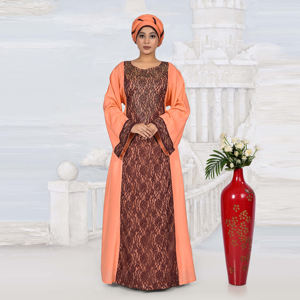 Kaftan modeste en rayonne avec panneau en dentelle brodée, élégant, à devant ouvert, manches longues décontractées, longueur ras du sol, idéal pour les occasions de l'Aïd - Product Image 1