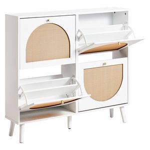 Scarpiera in Rattan a 2 File e 4 Contenitori, con Piedini Alti, 105x24x98cm, Struttura Bianca + Pannello Truciolare Originale + Scaffali in Plastica per Scarpe - Product Image 4
