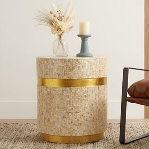 Round Mosaic Mother of Pearl Side Table With Gold Band Contemporary Bedside Decorative Wardrobes End Table For Living Room - Product Image 3