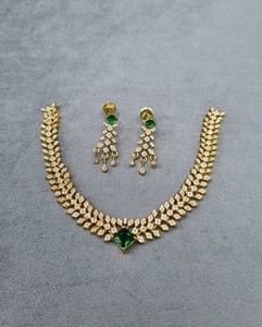 Leaf Pattern Delicate Necklace <b>Set</b> With Matching Earrings Princess Cut Stone <b>Jewellery</b> <b>Set</b> Gold Plated Party Wear <b>Jewellery</b> <b>Sets</b> - Product Image 5