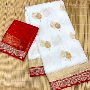Sari de Diseño Blanco de Georgette Khaddi Puro Premium con Borde Festoneado Intrincado, Precio al por Mayor por Royal Export - Product Image 1