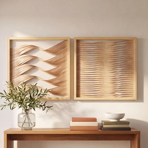 Conjunto Moderno de 2 Piezas, Decoración de Pared Texturizada con Marco de Madera Clara con Diseño de Ondas - Product Image 1