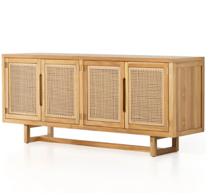 Buffet moderne en teck massif avec portes en rotin naturel, mobilier de salle à manger en bois écologique et minimaliste pour chambre et hôtel - Product Image 1