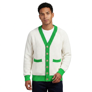 Cardigan en acrylique blanc pour homme avec bordure marine, manches longues, fermeture boutonnée, anti-plis, détails brodés - Collection Automne - Product Image 4