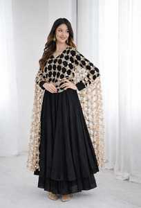Robe Anarkali traditionnelle indienne et pakistanaise pour femmes, longueur au sol, avec dupatta en crochet beige, coton noir, coupe ample, tenue de mariage - Product Image 6