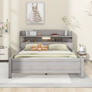 Letto matrimoniale in legno grigio antico con luci LED, testiera contenitore e sponda di protezione - Product Image 2