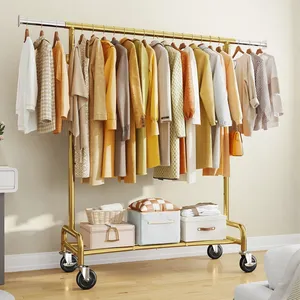 Modern Luxury Gold Clothing Rack with Wheels Portable Dress Organizer for Wardrobe Storage Metal <b>Stand</b> with Hooks and Rail - Product Image 3