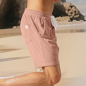 Men's Pink Corduroy Drawstring Shorts Casual Solid Color Mid Waist Breathable Pockets Style - Product Image 4