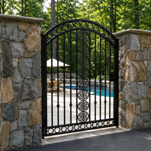 Black Wrought Iron <b>Pool</b> Gate Decorative Arched Pedestrian Gate with Geometric Medallion for Garden Villa Security - Product Image 2