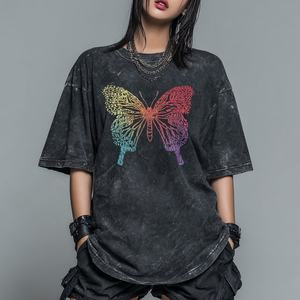 Camiseta de Verano para Mujer, Estilo Vintage, Lavada al Ácido, con Estampado de Mariposas Coloridas, de Algodón Suave, Negra, Estilo Urbano - Product Image 6