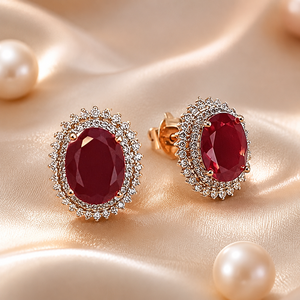 Pendientes de Oro Rosa de 14K de Lujo con Rubí Ovalado y Halo de Diamantes para Mujer, Joyería Fina para Novia, Boda o Aniversario - Product Image 1