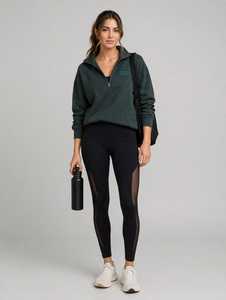 Ensemble de survêtement 2 en 1 pour femme, sweat-shirt vert à demi-zip et leggings en mesh noir - Product Image 1
