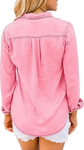 Camisa de algodón rosa para mujer, con botones, manga tres cuartos, color sólido, cuello vuelto, con bolsillos, corte regular, top de verano - Product Image 6