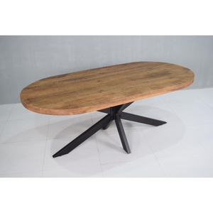 Table à manger industrielle moderne en bois de manguier massif portable avec pieds pliants en fer et extrémité semi-ronde pour l'ameublement de la maison et de l'hôtel - Product Image 5