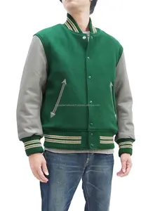 Veste de baseball sur mesure en gros, doublure matelassée en polyester, coque en laine vert forêt, manches en cuir gris, devant à col montant, style universitaire - Product Image 3
