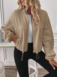 Streetwear Women Sweatshirts Minimalist Brushed Fleece Full Zip Oversized Bomber Jacket Drawcord Hem Custom Logo Hoodies Factory - Product Image 5