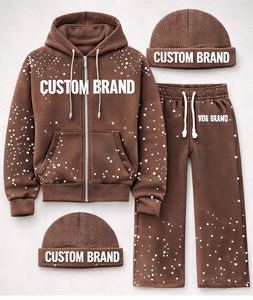Ensemble survêtement unisexe personnalisé avec logo, sweat à capuche oversize respirant et pantalon de jogging, bonnet assorti, 100 % coton molletonné - Product Image 1
