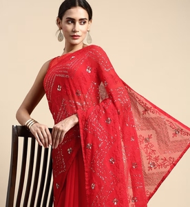 KV <b>Red</b> Soft Georgette Saree With Embroidery Silk Unstitched <b>Blouse</b> - Product Image 1