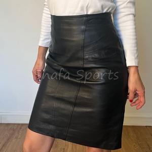 Jupes longues en similicuir plissées unies avec détails en cuir véritable brillant, jupes portefeuille à volants, tailles XS-Plus, style formel - Product Image 4