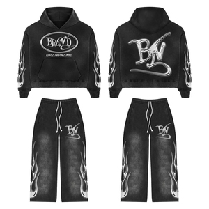 Ensemble de survêtement personnalisé pour homme, noir, motif flamme, sweat à capuche et pantalon de jogging, streetwear, ensemble de survêtement graphique, OEM ODM, marque privée - Product Image 5