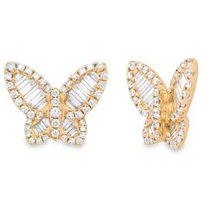 Boucles d'oreilles clous papillon pavées de diamants de laboratoire ronds et baguettes, délicates, minimalistes, de luxe, pour usage quotidien, en or massif 14K 18K - Product Image 5