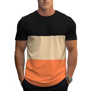 T-shirt à col rond à manches courtes pour homme, coupe classique, tricoté, décontracté, rayé, 100% coton respirant, noir, beige, orange - Product Image 1
