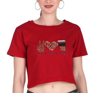 เสื้อครอปท็อปผู้หญิงแบบสั่งทำ คอกลม แขนสั้น ลายเสือดาว ดีไซน์ Peace Love Coffee ผ้าเจอร์ซีย์ลำลอง 100% ผ้าฝ้าย รับผลิตแบบ OEM - Product Image 1