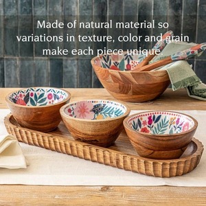 Plateau de service ovale en bois avec 3 bols en émail floral, assiette à dessert en bois sculpté pour mariage, Ramadan, Diwali, décoration - Product Image 2