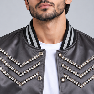 Chaquetas de Satén con Pedrería Personalizadas para Hombre, Chaqueta Bomber de Lujo con Cristales Brillantes, Prenda Elegante para Fiestas, Diseño Casual - Product Image 6