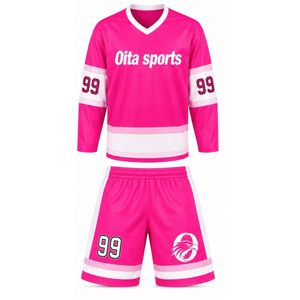ชุดฮอกกี้น้ำแข็งสีชมพูสดสำหรับผู้ชาย แบบซับลิเมชั่น เสื้อและกางเกงขาสั้น โพลีเอสเตอร์ ลายทาง ชุดกีฬา ชุดฝึกซ้อมและแข่งขันสำหรับทีม - Product Image 1