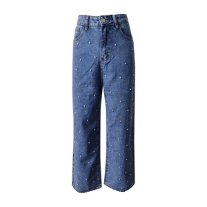 Street Designer Breathable Flare Pants Distressed Embroidered Patch Custom Men's Hip Hop Pearl Rhinestone High <b>Waist</b> Stonewashed - Product Image 2