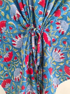 Elegante Vestido Kaftán de Algodón con Estampado Floral Azul, Estilo Bohemio, Holgado, Informal, para Vacaciones de Verano - Product Image 5
