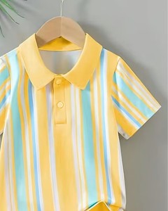 Baby Boys 2pcs Striped Polo Shirt Shorts Set Yellow Summer Casual Breathable Cotton Outfit Short Sleeve Turn-down Collar - Product Image 3