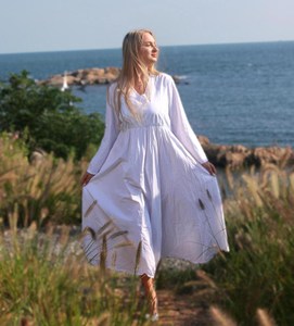 Vestido largo de algodón blanco para mujer, manga larga, cuello en V, corte holgado, vestido largo informal para verano - Product Image 2