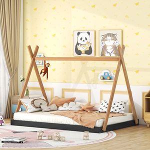 Letto a tenda nero e marrone a grandezza naturale con struttura triangolare per bambini - Product Image 1