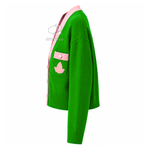 Suéter Acrílico Verde y Rosa con Cuello en V y Botones, Bordado con el Escudo de la Hermandad Alpha Kapa Alpha, Ropa Universitaria, Prenda Exterior - Product Image 3