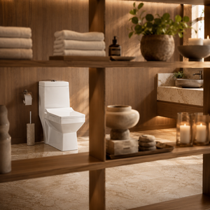 WC monobloc à cuvette allongée, à sortie verticale (S-Trap/P-Trap), double chasse, design contemporain, pour salle de bain, 650x360x740mm, à fixation encastrée - Product Image 4