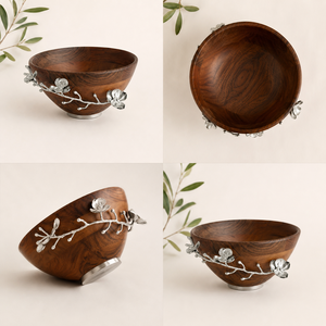 Handcrafted Premium Wooden Salad Bowl with Silver Metal Orchid Flower Accent Elegant Solid Wood Serving Bowl for <b>Wedding</b> Gifts - Product Image 3