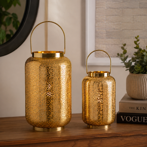 K GOLDEN <b>BRASS</b> Vintage Decorative Handmade Metal Hurricane <b>Lantern</b> Candle Holder Set Rustic for Living Room Patio Home - Product Image 3