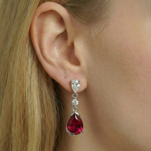 Pendientes colgantes plateados para mujer con rubí talla pera y diamante, joyería de moda clásica con forma de gota de agua - Product Image 1