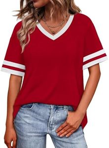 Camiseta de Mujer Roja con Cuello en V, Manga Corta, Tejida, Color Sólido, Corte Holgado, Casual, con Ribete a Rayas, Estilo Primavera-Verano 2026 - Product Image 6