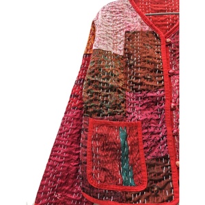 Handmade Silk Patola Gudri Patchwork Red <b>Quilted</b> Eco-Friendly Women's Winter Lightweight Bohemian Style Comfortable <b>Jacket</b> - Product Image 2