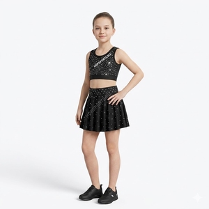 Ensemble d'uniforme de cheerleading à une épaule orné de strass, 2 pièces : crop top et jupe, tenue d'entraînement personnalisée avec strass - Product Image 5